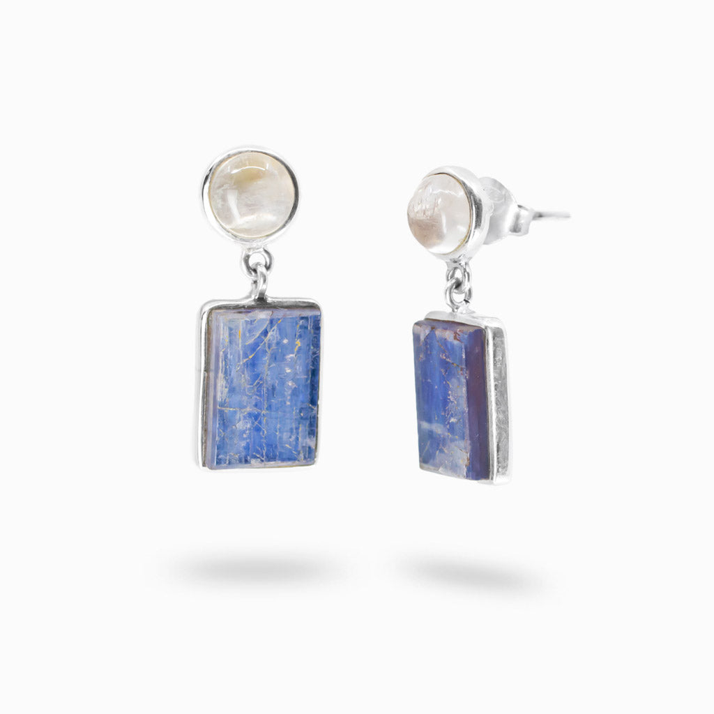 Blue kyanite and rainbow moonstone stud drop earrings in sterling silver