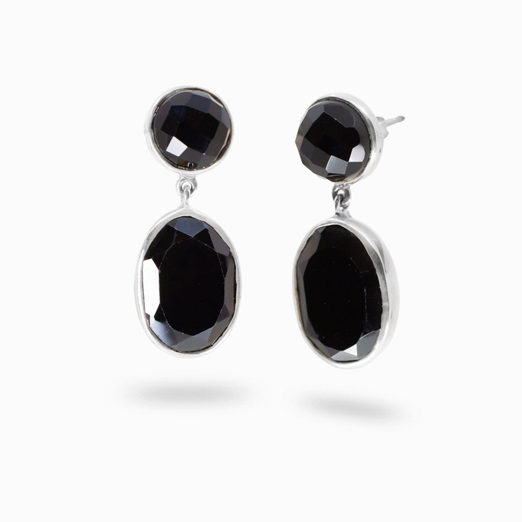 Black onyx double drop faceted earrings in sterling silver