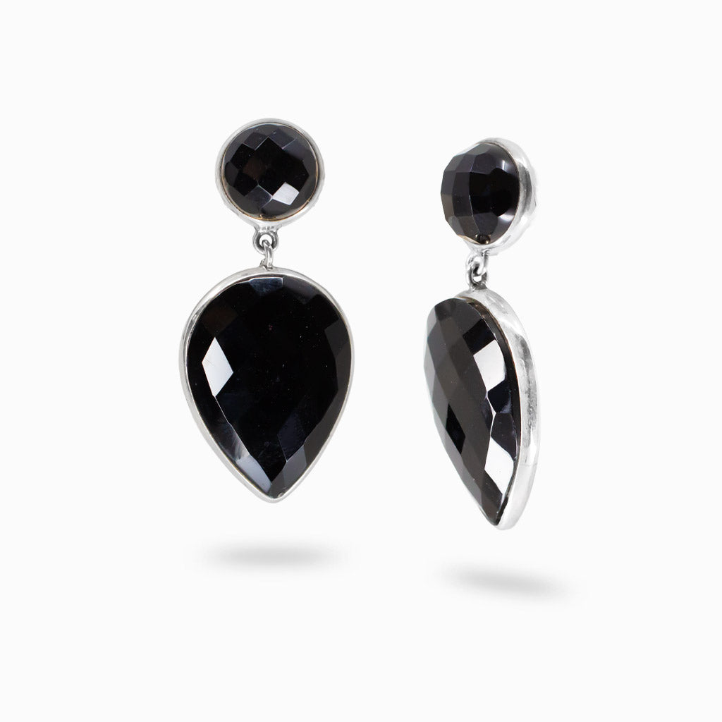 Black onyx faceted stud drop earrings in sterling silver