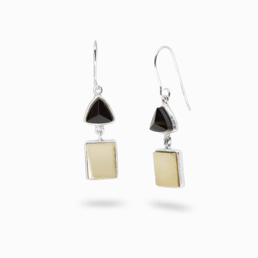 Pyrite and black tourmaline drop earrings in sterling silver