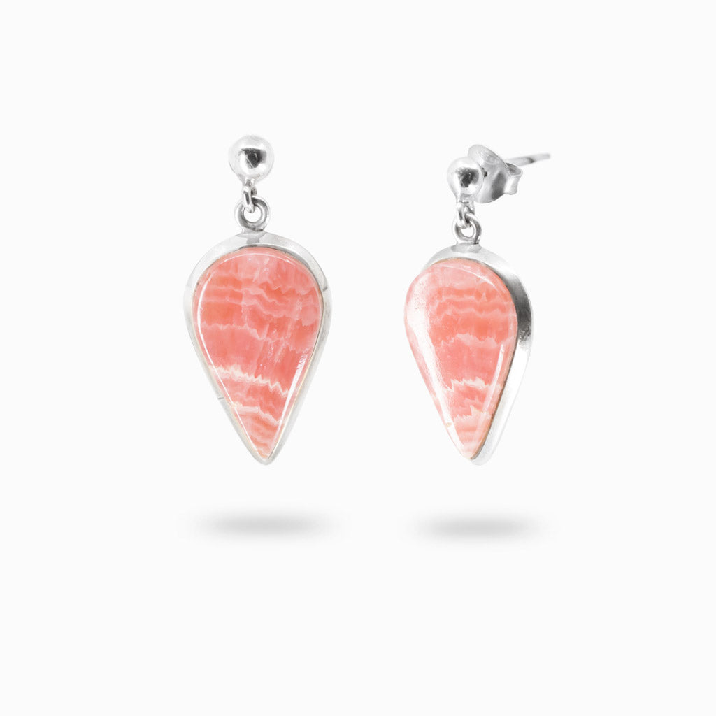Rhodochrosite tear shaped cabochon stud drop earrings in sterling silver
