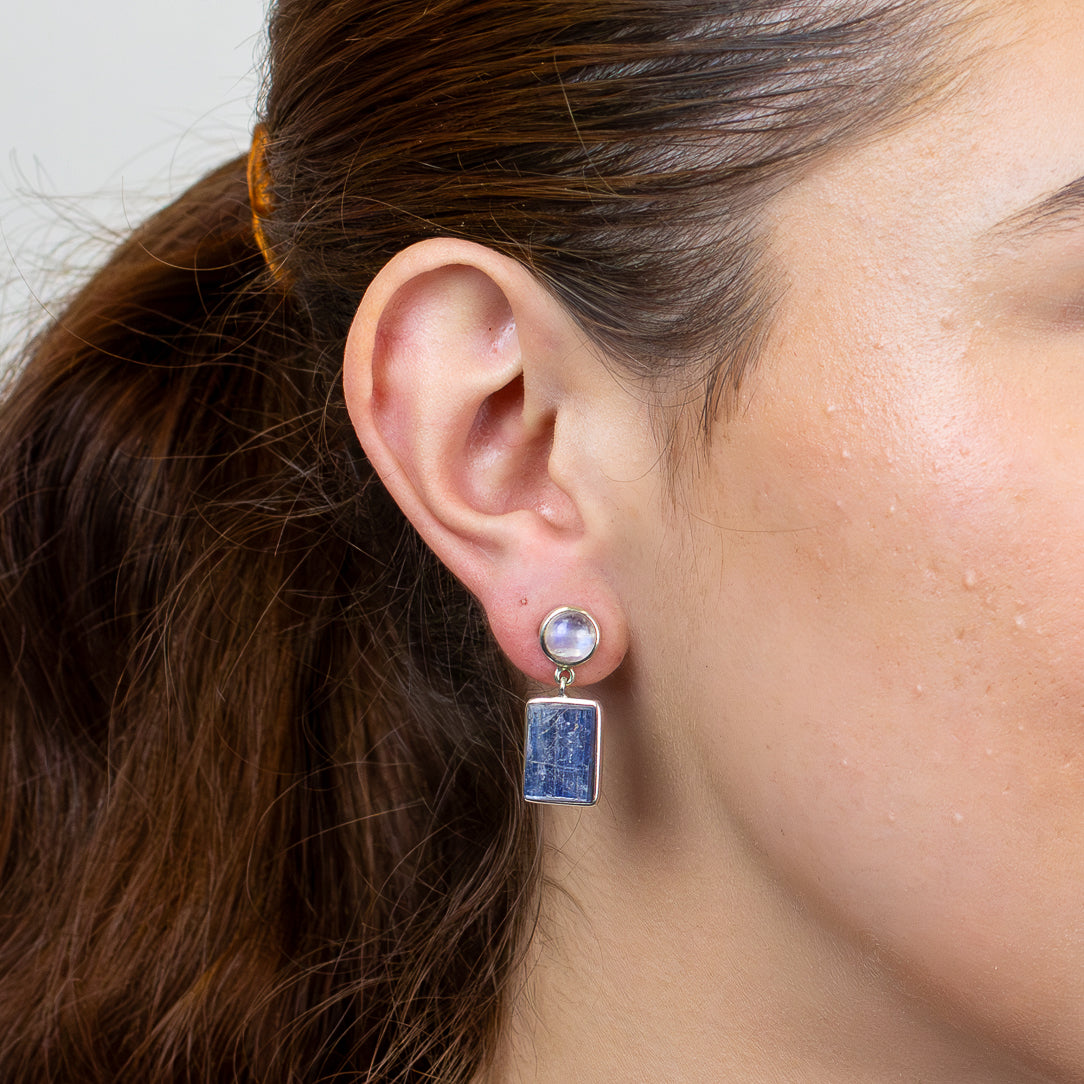 Kyanite and Rainbow Moonstone Stud Drop Earrings