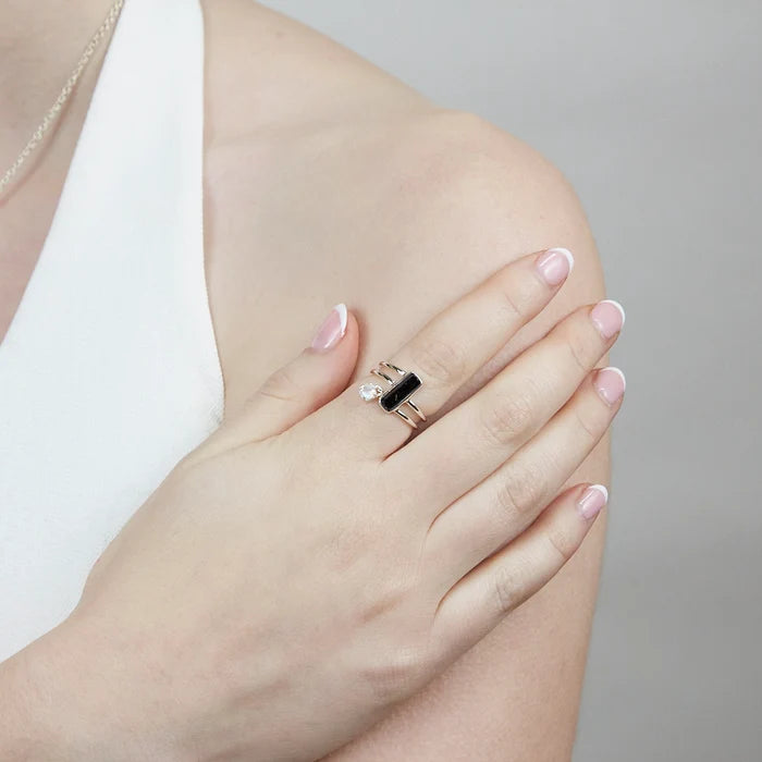 Rectangular Black Tourmaline and Rainbow Moonstone gemstones set in polished sterling silver ring.
