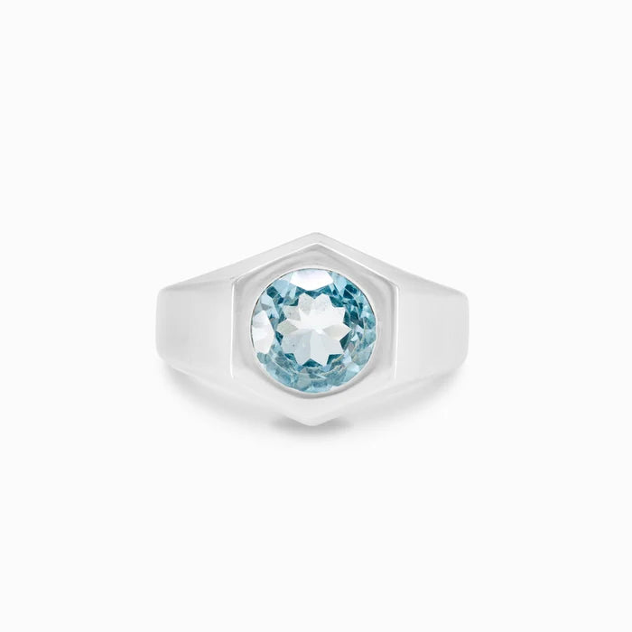 Round faceted Blue Topaz gemstone bezel set in polished sterling silver signet-style ring.