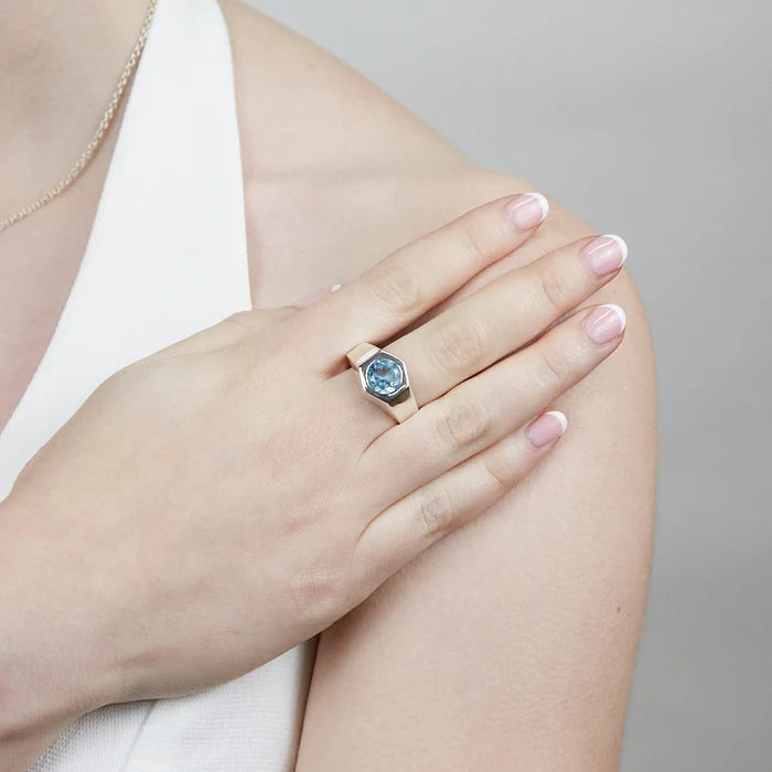 Round faceted Blue Topaz gemstone bezel set in polished sterling silver signet-style ring.