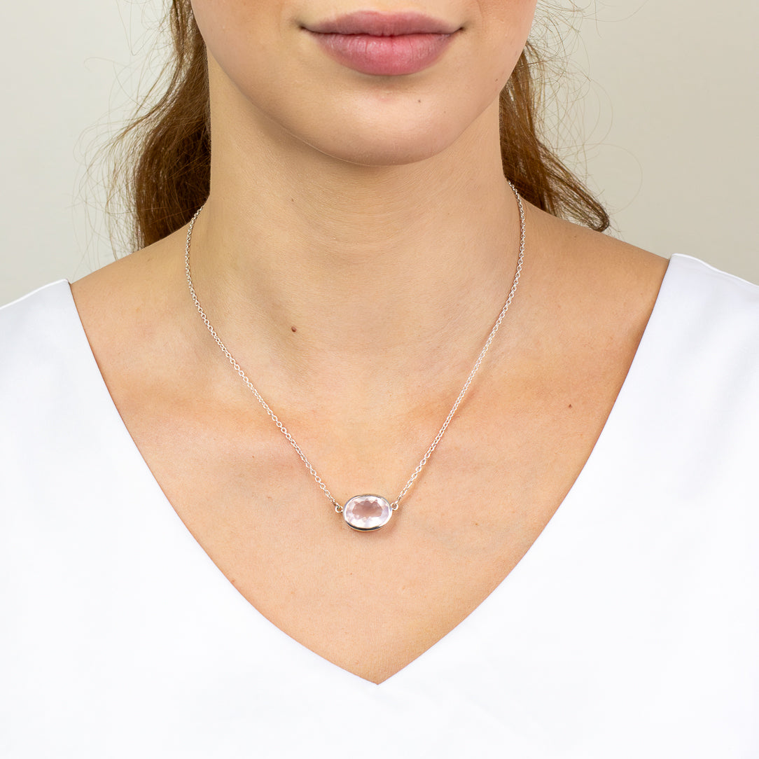 Faceted Rose Quartz oval necklace in sterling silver.