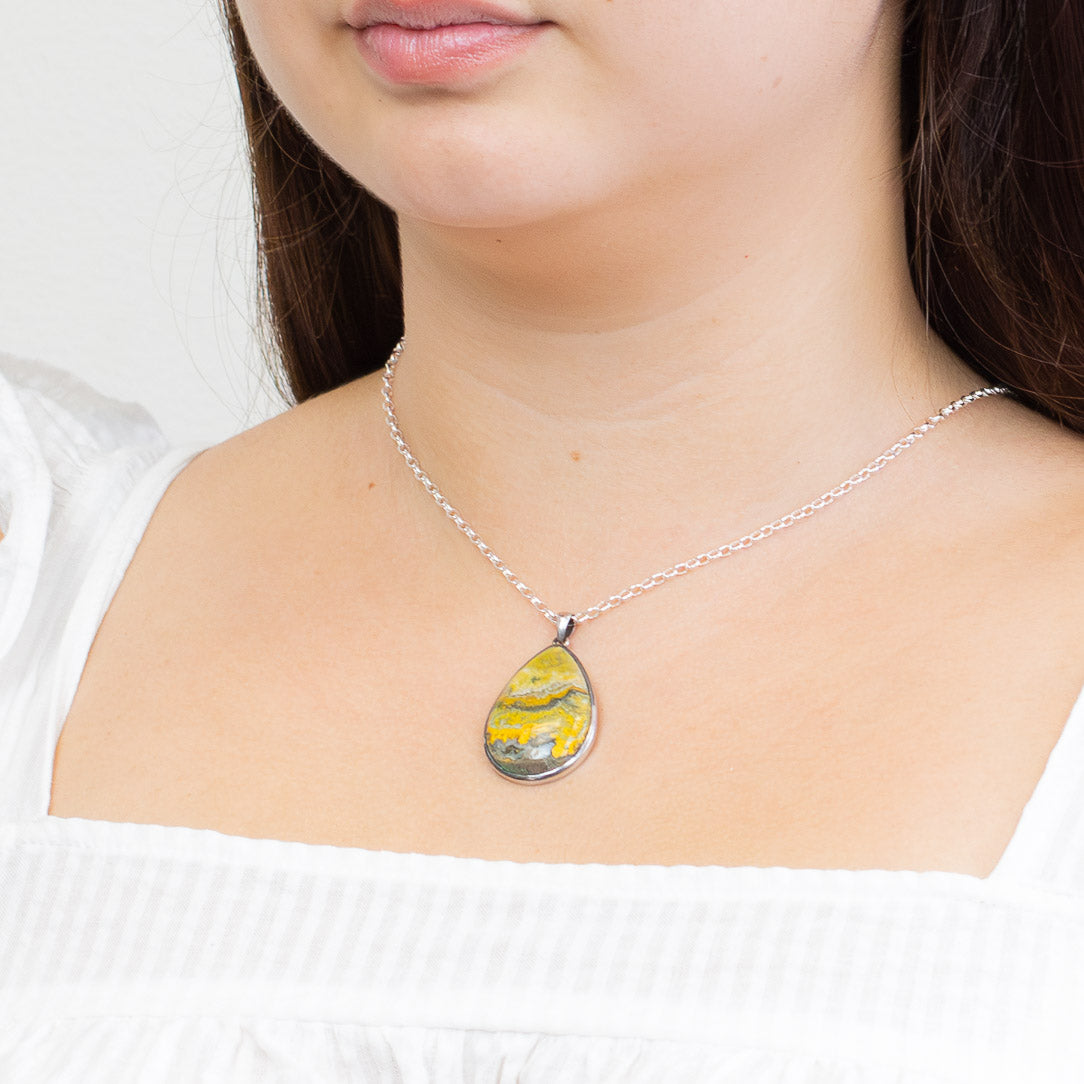 CABOCHON BUMBLEBEE JASPER TEAR NECKLACE IN STERLING SILVER ON MODEL MADE IN EARTH