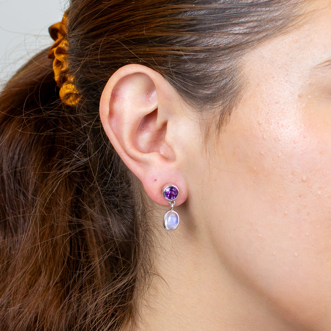 Amethyst & Rainbow Moonstone Stud Drop Earrings