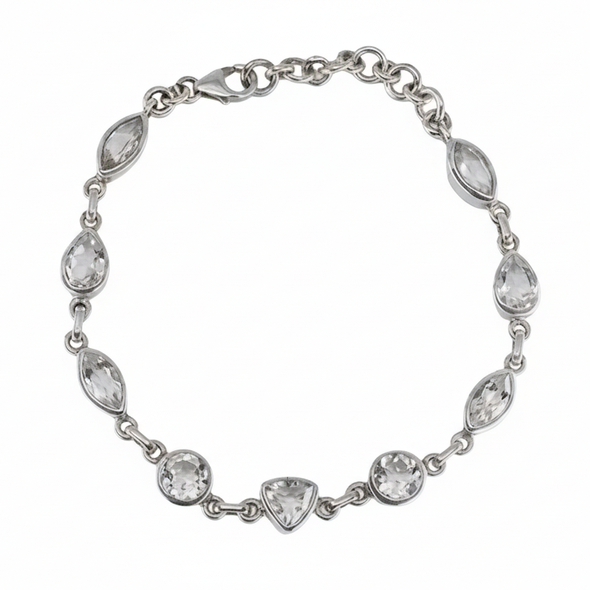 Mixed cut clear quartz bracelet with faceted transparent stones in sterling silver