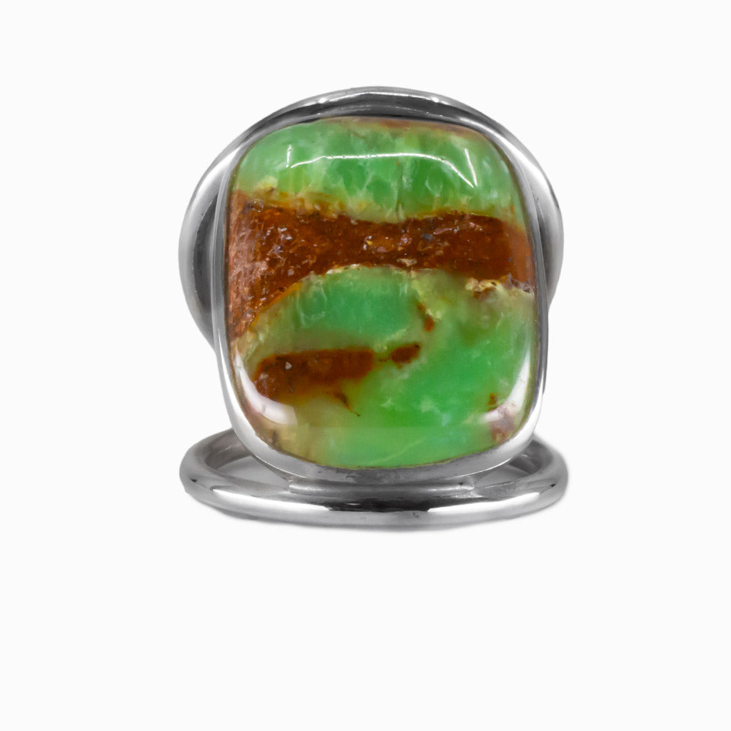 Chrysoprase in Matrix cabochon ring with silver band | MADE IN EARTH