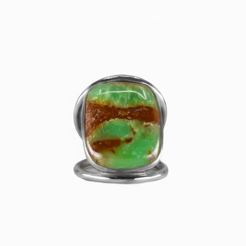Chrysoprase in Matrix cabochon ring with silver band | MADE IN EARTH