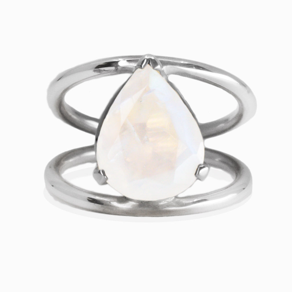 FACETED TEAR RAINBOW MOONSTONE RING CLAW AND HALO BAND STERLING SILVER | MADE IN EARTH