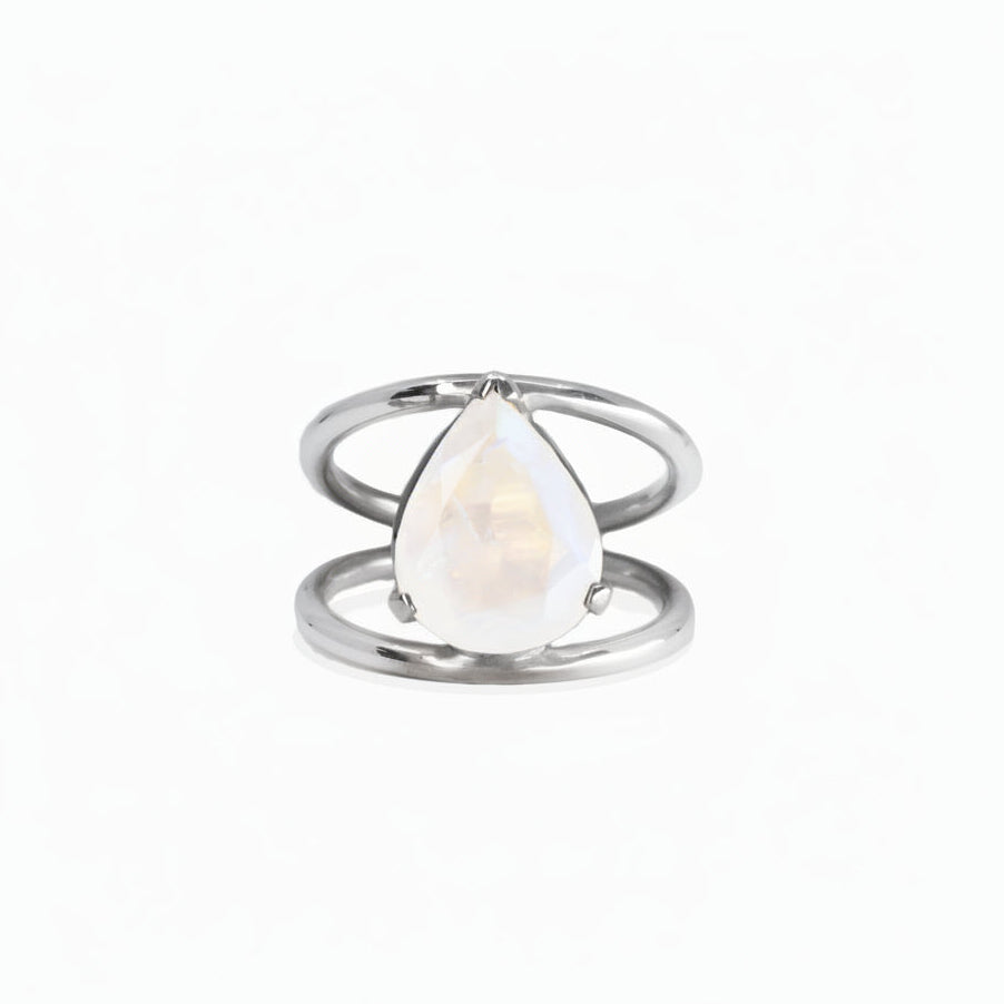 FACETED TEAR RAINBOW MOONSTONE RING CLAW AND HALO BAND STERLING SILVER | MADE IN EARTH