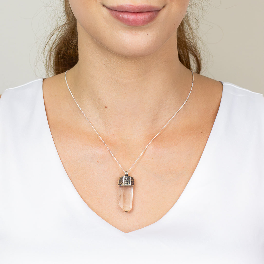 Phantom quartz point necklace with textured sterling silver cap