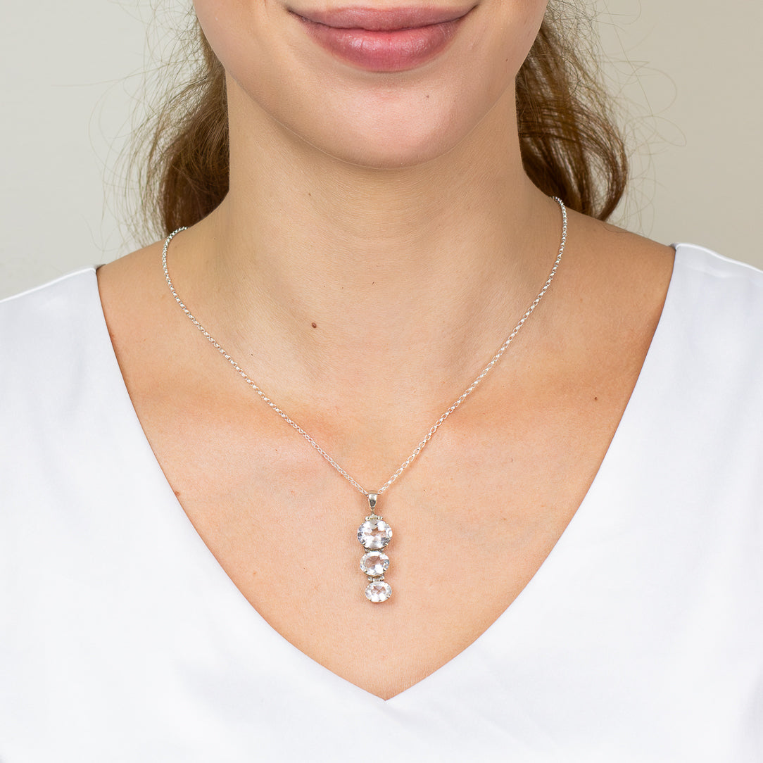 Triple drop clear quartz necklace in sterling silver ON MODEL