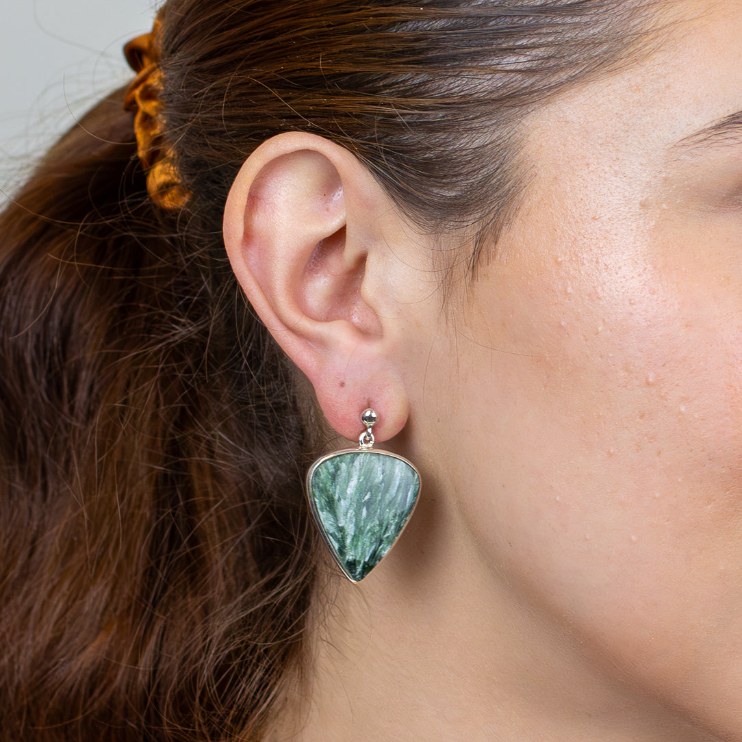 Seraphinite tear shaped drop earrings in sterling silver