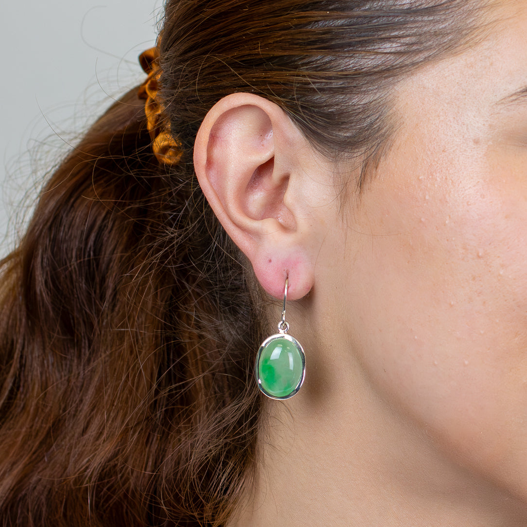 Oval Burmese jade drop earrings in sterling silver