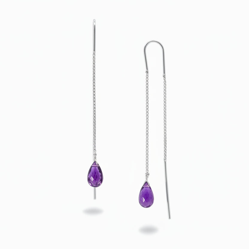 Purple faceted Amethyst briolette gemstones suspended from sterling silver threader earrings.