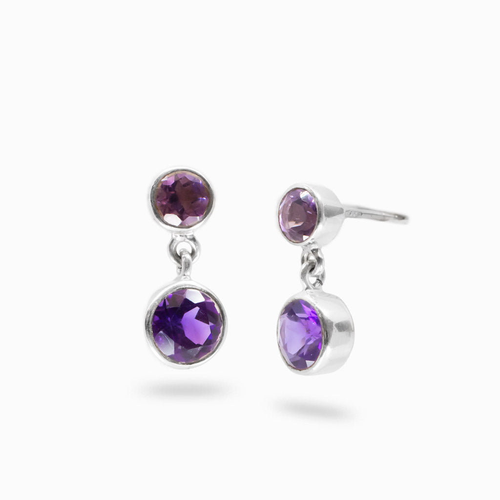 Faceted double amethyst stud drop earrings in sterling silver