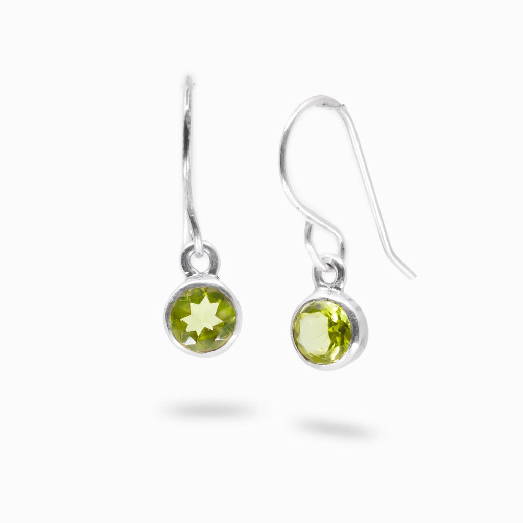 Faceted round peridot drop earrings in sterling silver