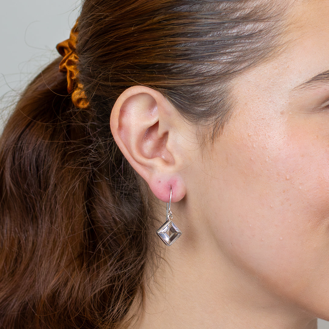 Faceted clear quartz diamond shaped drop earrings in sterling silver