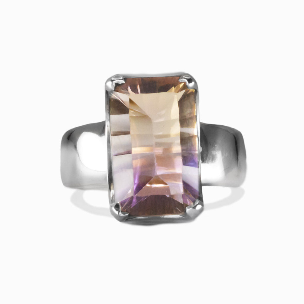 Ametrine faceted rectangle ring in sterling silver featuring violet and golden hues within one gemstone. | MADE IN EARTH 