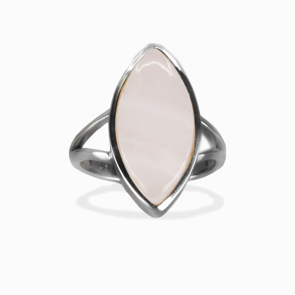 Mangano Calcite marquise cabochon bezel ring in sterling silver with soft pink gemstone. | MADE IN EARTH