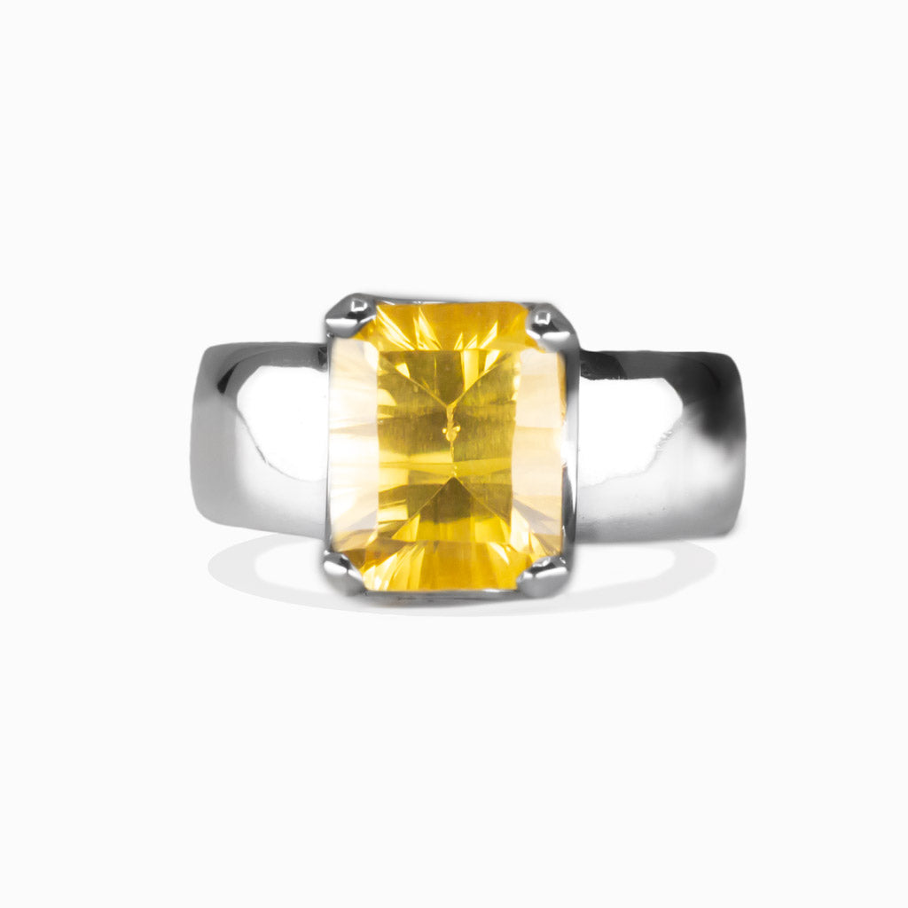 Radiant-cut Citrine ring set in polished sterling silver with vibrant golden yellow quartz. | MADE IN EARTH 