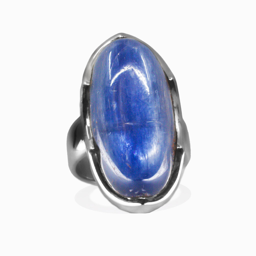 Large oval Kyanite cabochon ring in sterling silver with layered blue and white crystalline patterns. MADE IN EARTH