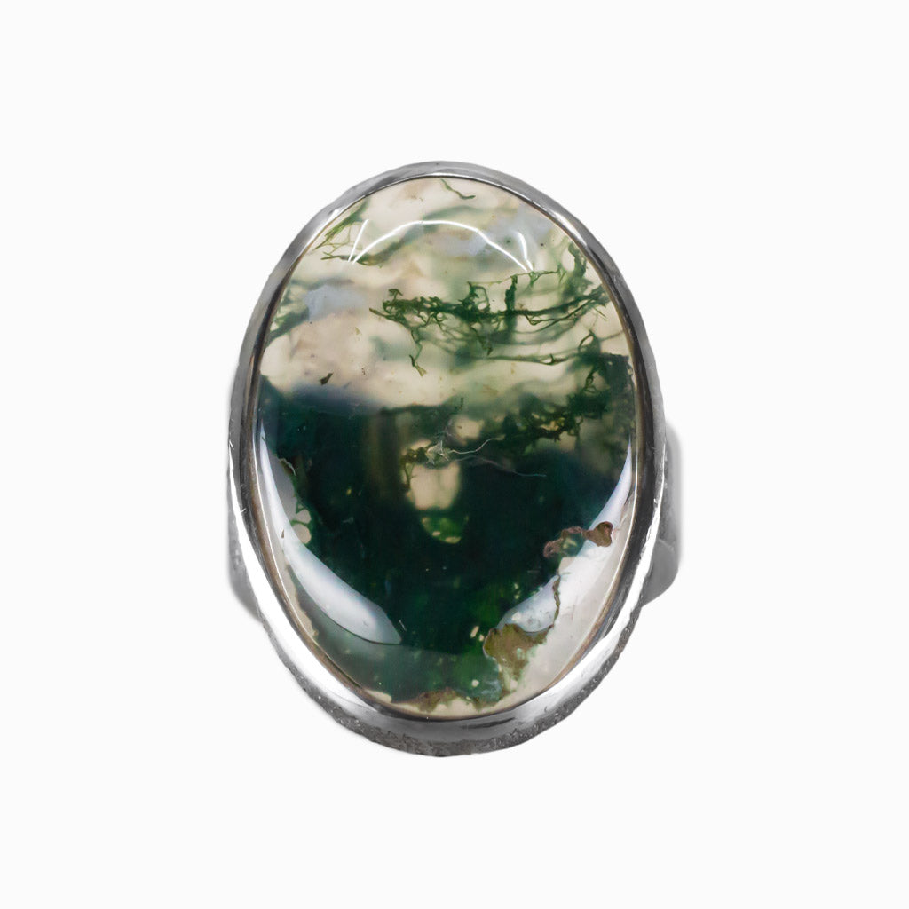 Moss Agate oval cabochon bezel ring in textured sterling silver with swirling dark green inclusions. | MADE IN EARTH 