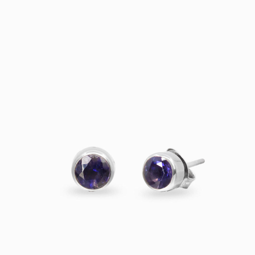 Faceted round iolite stud earrings in sterling silver