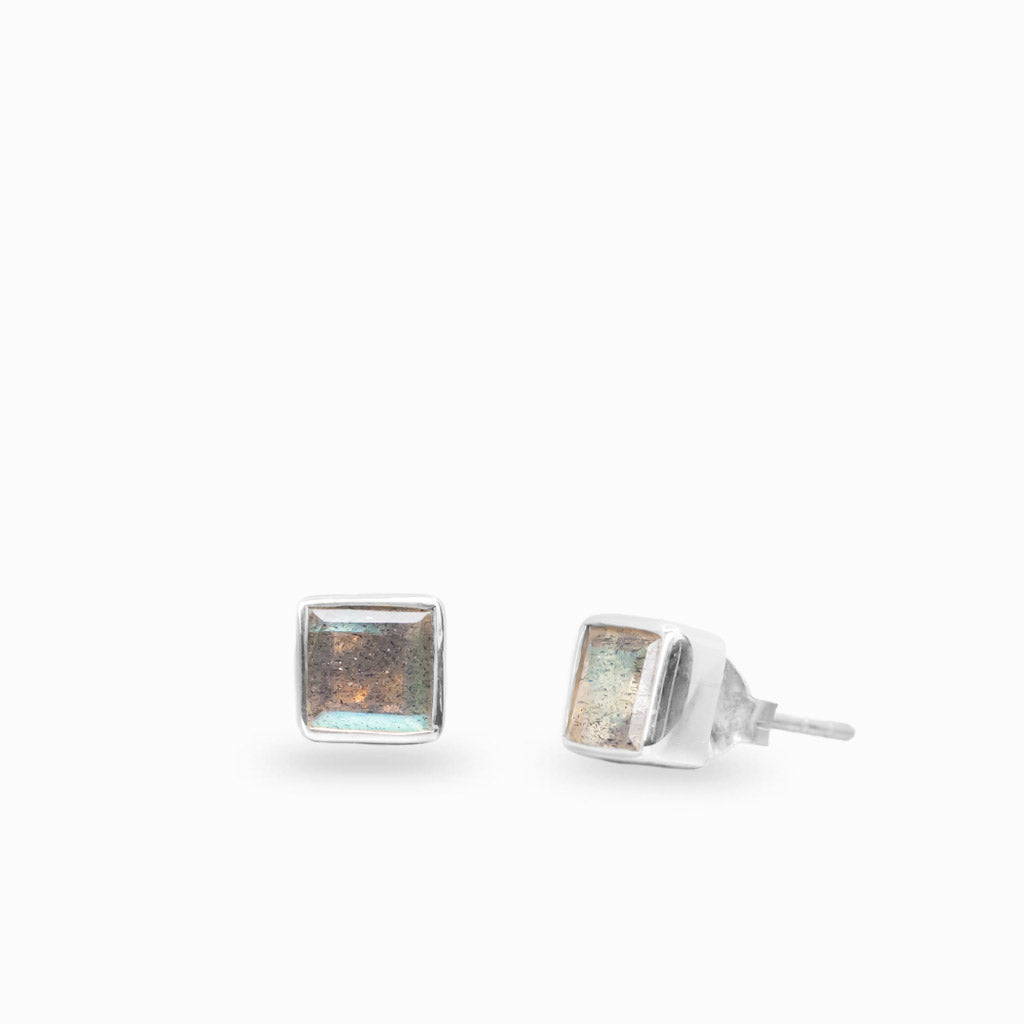 Faceted square labradorite stud earrings in sterling silver