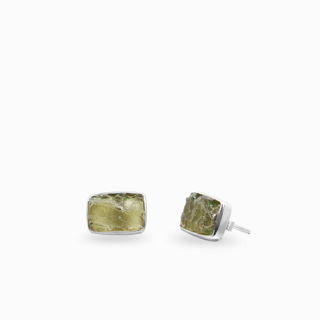 Raw moldavite stud earrings in sterling silver