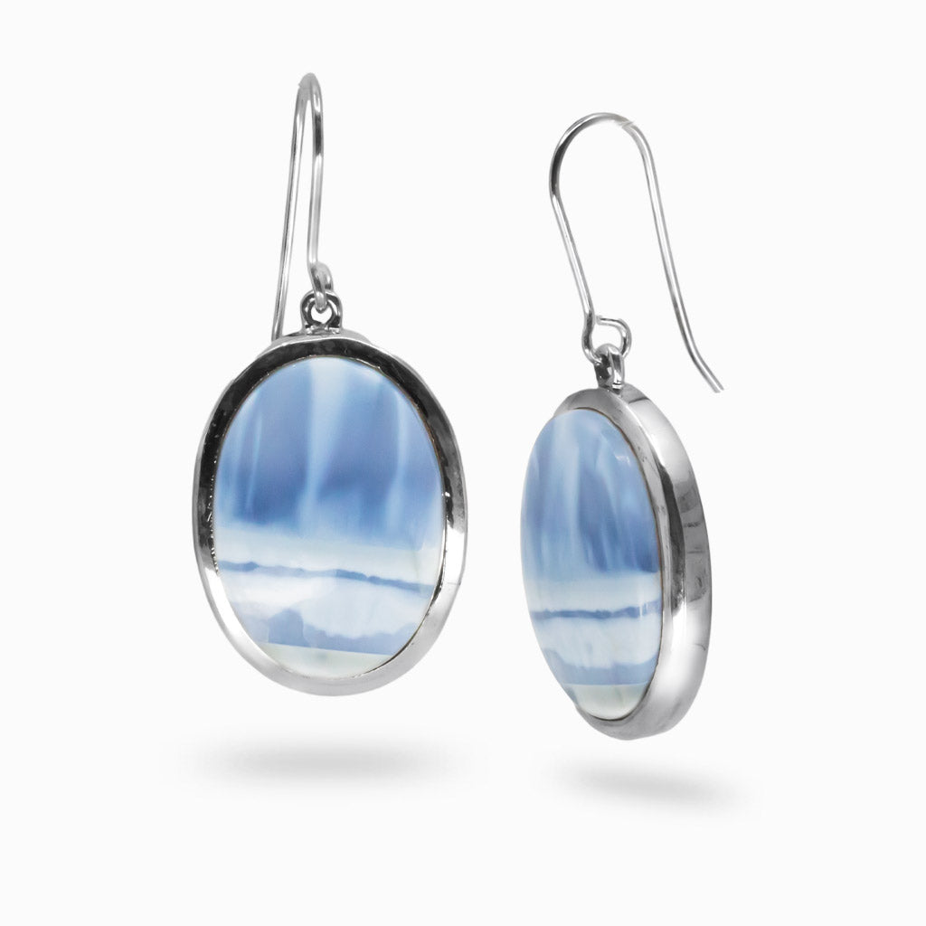 Blue Opal cabochon bezel drop earrings in sterling silver , glowing blue-white gemstones. | MADE IN EARTH