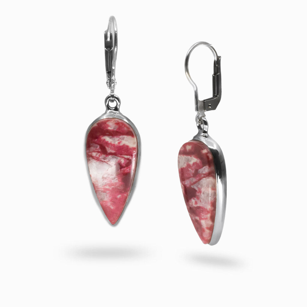 Thulite teardrop cabochon drop earrings in sterling silver with French clasp, soft rose-pink gemstone with white marbling. MADE IN EARTH 