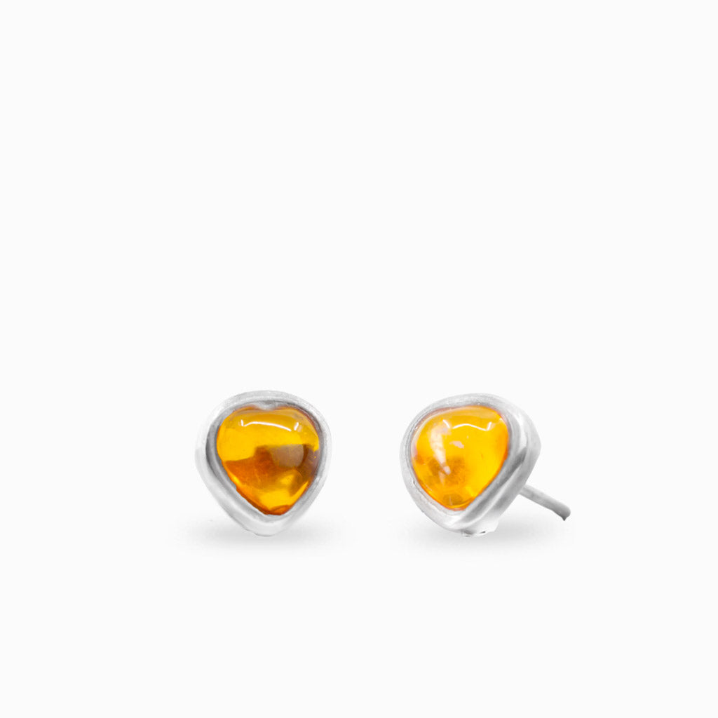 Amber heart stud earrings in sterling silver