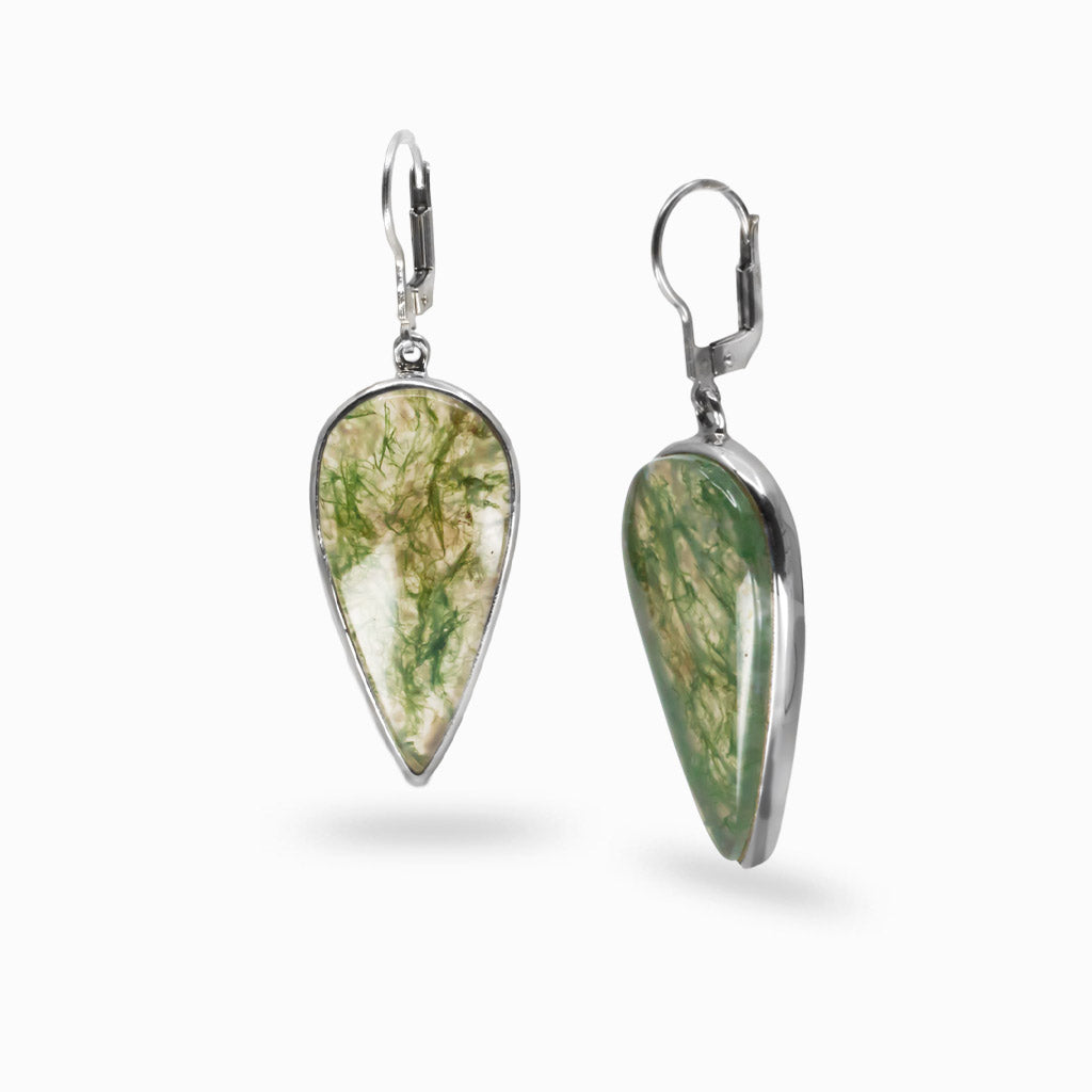 Moss Agate teardrop cabochon drop earrings in sterling silver with French hook, showcasing dark green moss-like patterns. | MADE IN EARTH 