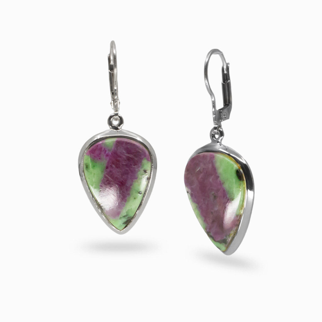 uby Zoisite teardrop cabochon bezel earrings in sterling silver with French clasp, featuring green stone with deep ruby inclusions. | MADE IN EARTH 