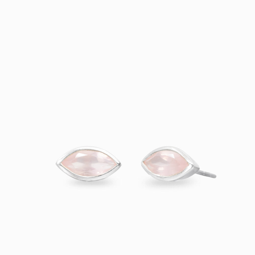 Faceted rose quartz marquise bezel stud earrings in sterling silver