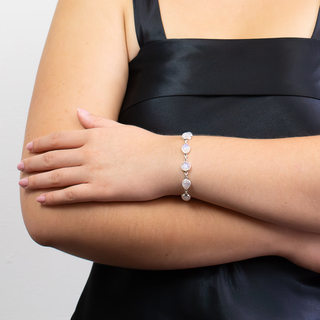Rainbow Moonstone oval cabochon bracelet in sterling silver.