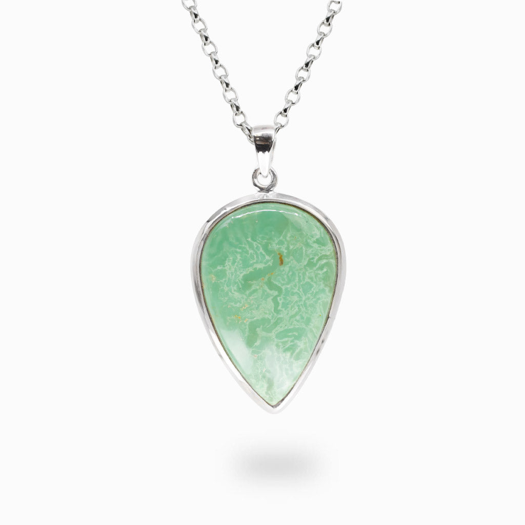 Pear-shaped Campo Frio Turquoise pendant set in sterling silver with matching chain.