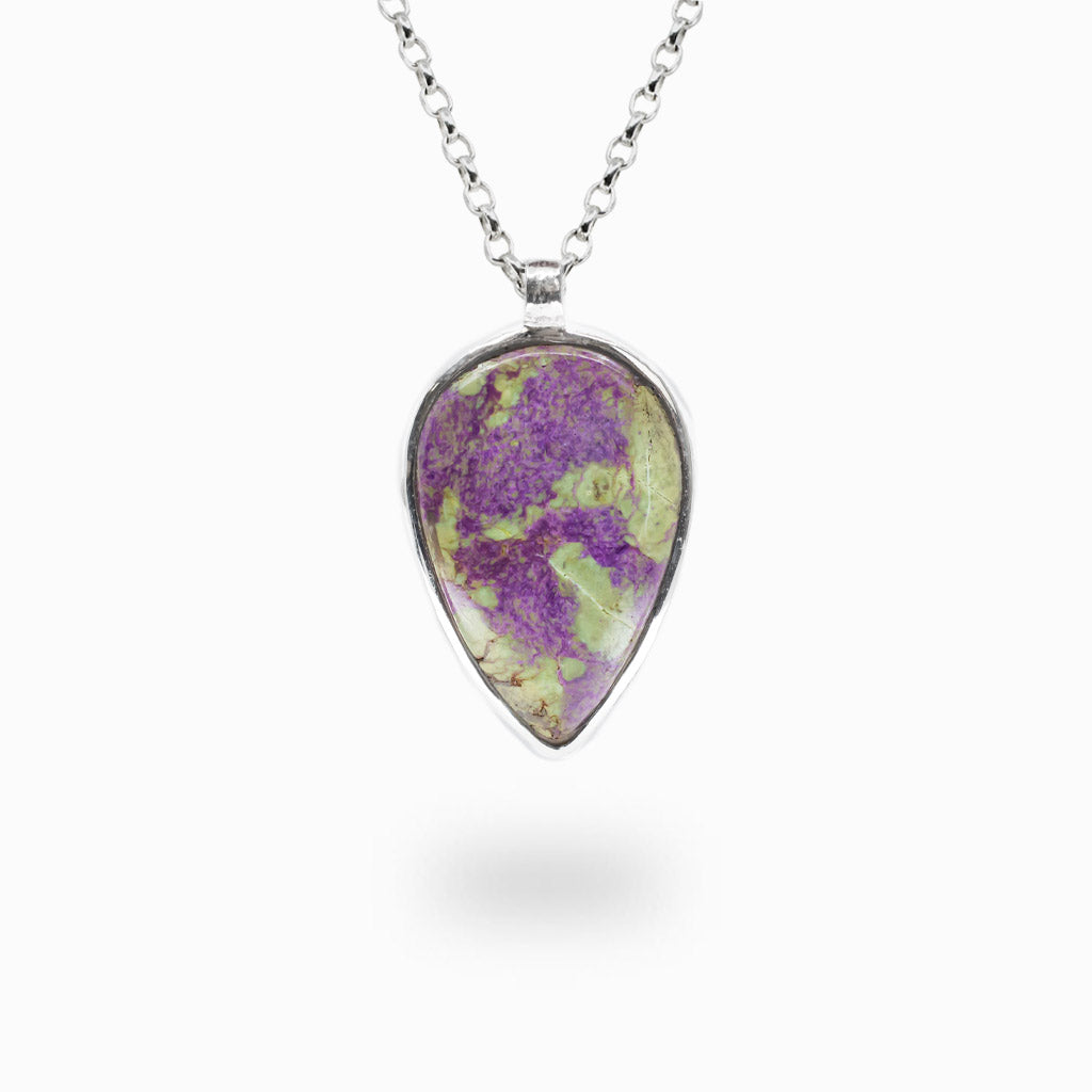 Pear-shaped Purpurite gemstone pendant handcrafted in sterling silver with matching silver chain.