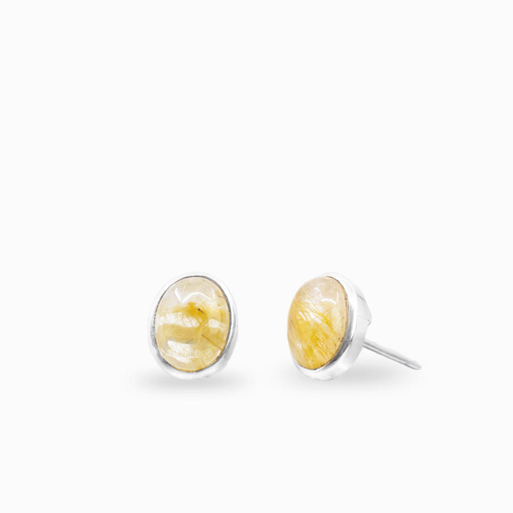 Golden rutilated quartz oval stud earrings in sterling silver
