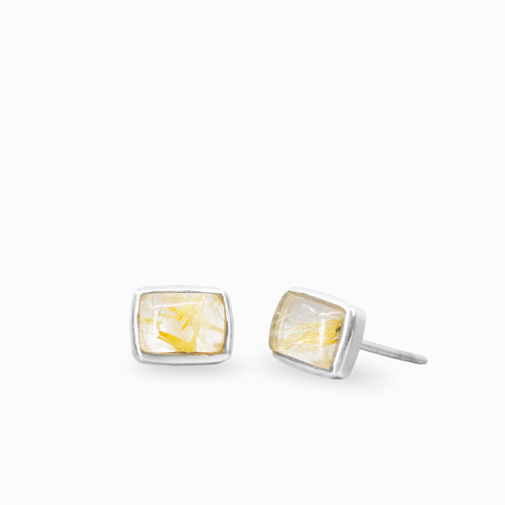 Rectangular rutilated quartz stud earrings in sterling silver