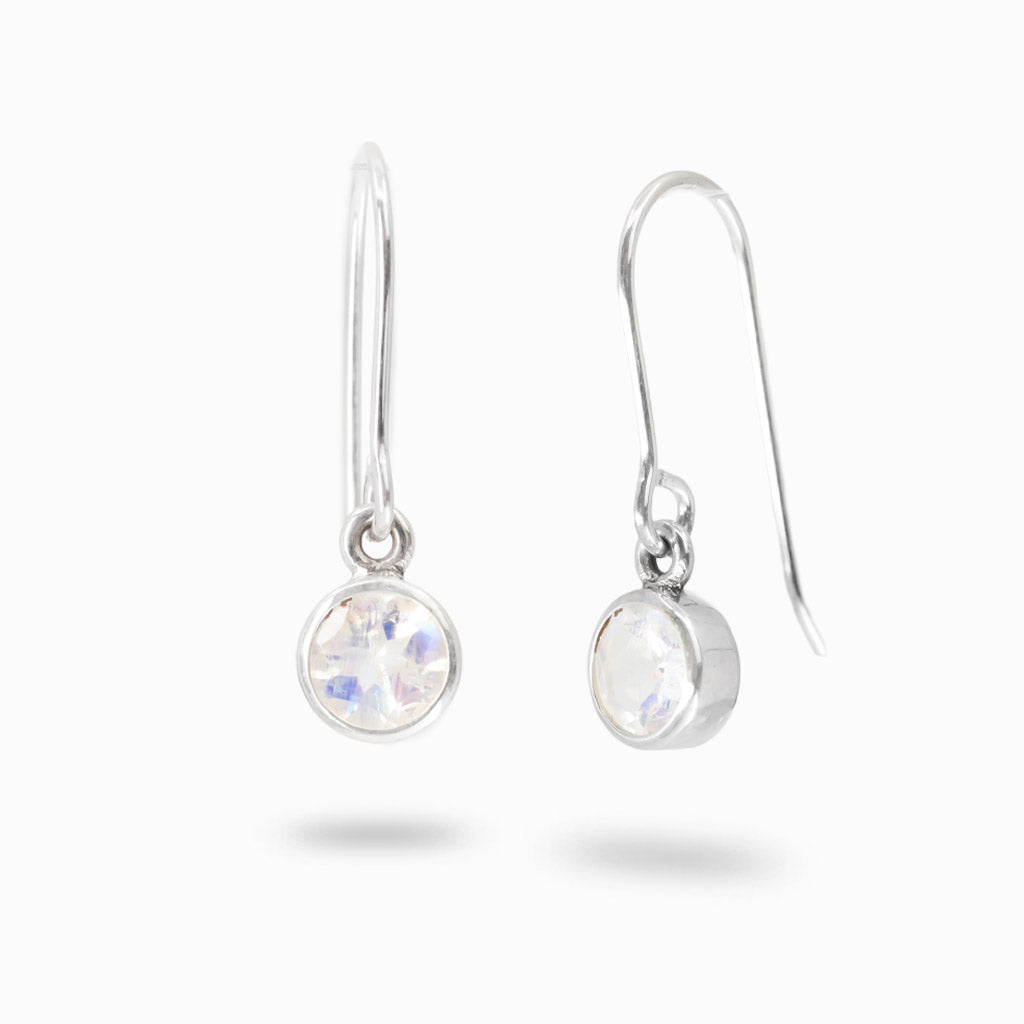 Faceted round rainbow moonstone drop earrings in sterling silver