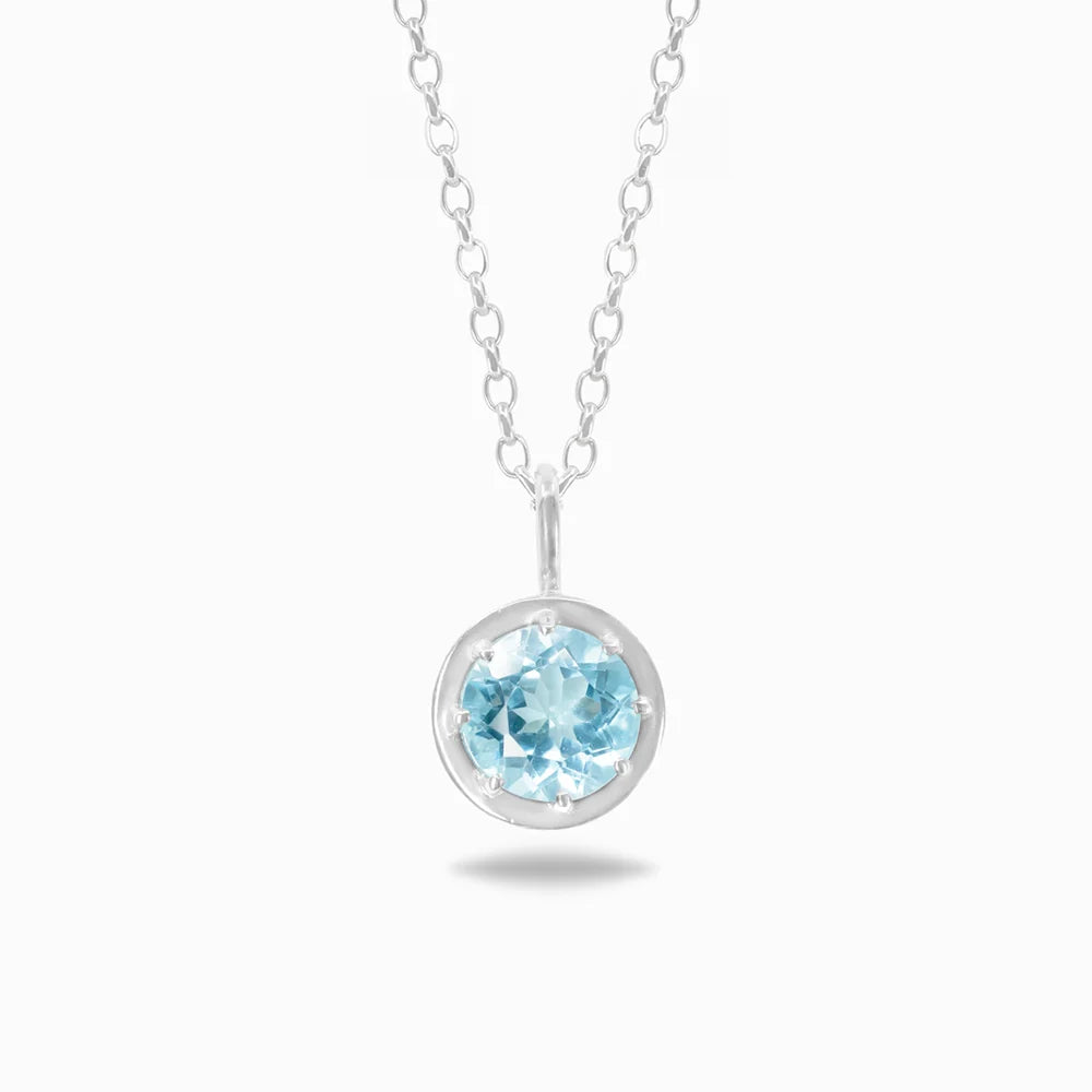 Round faceted sky-blue Blue Topaz gemstone set in polished sterling silver pendant necklace.