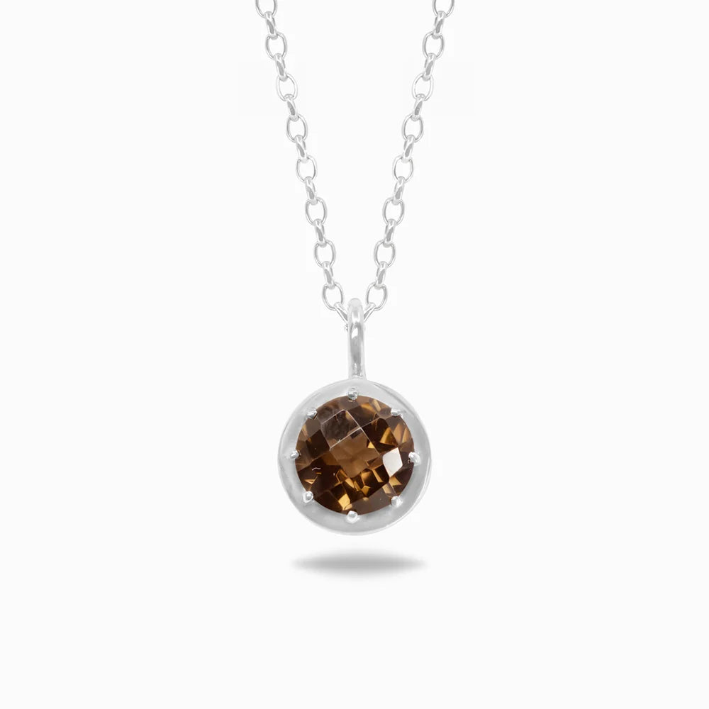 Round faceted brown Smoky Quartz gemstone set in polished sterling silver pendant necklace.