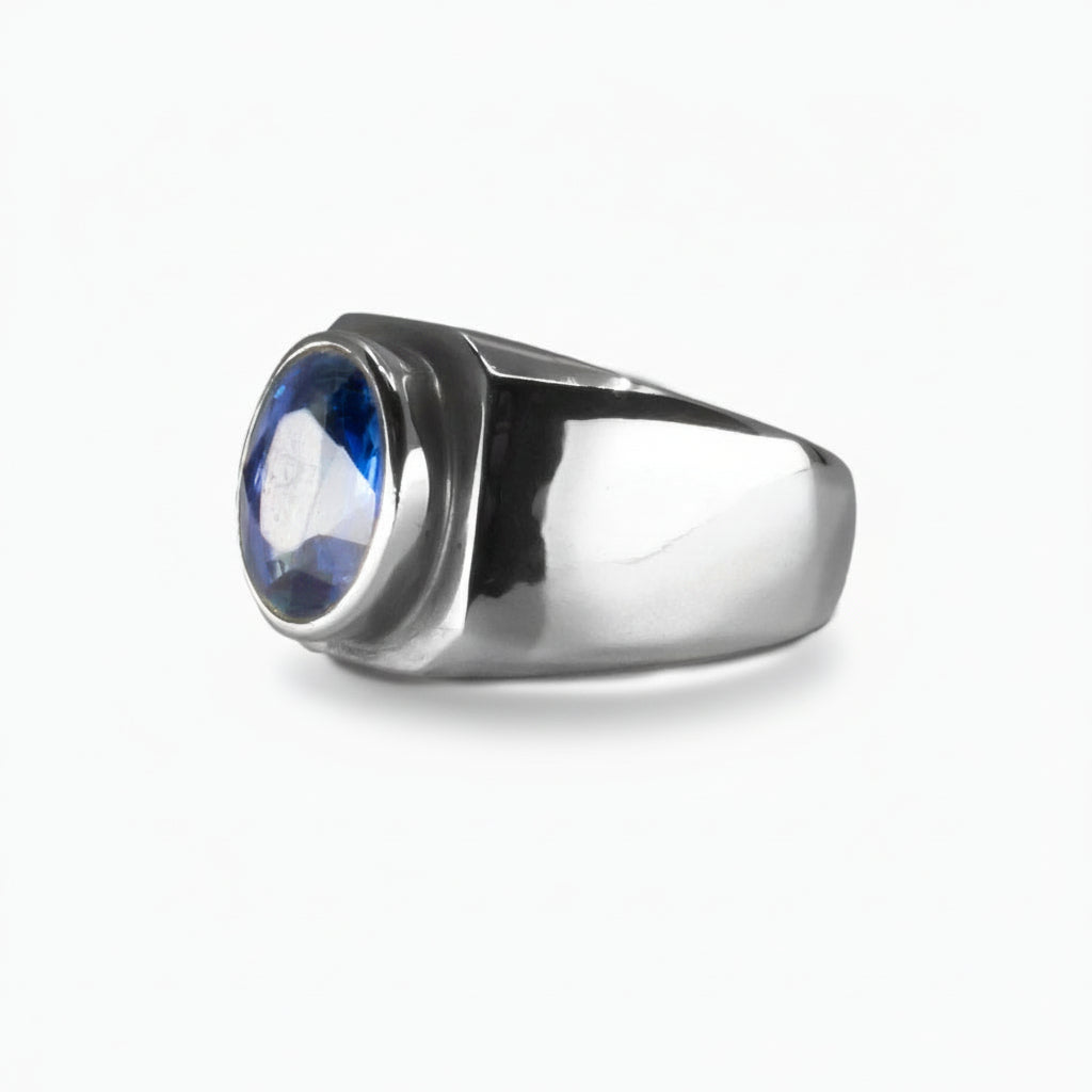 Faceted oval Kyanite ring in smooth sterling silver with deep blue shimmering gemstone. |MADE IN EARTH