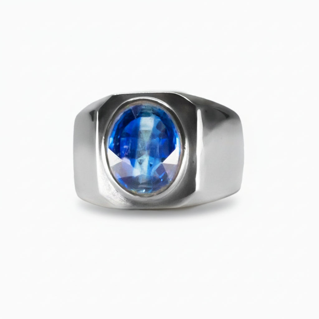 Faceted oval Kyanite ring in smooth sterling silver with deep blue shimmering gemstone. |MADE IN EARTH