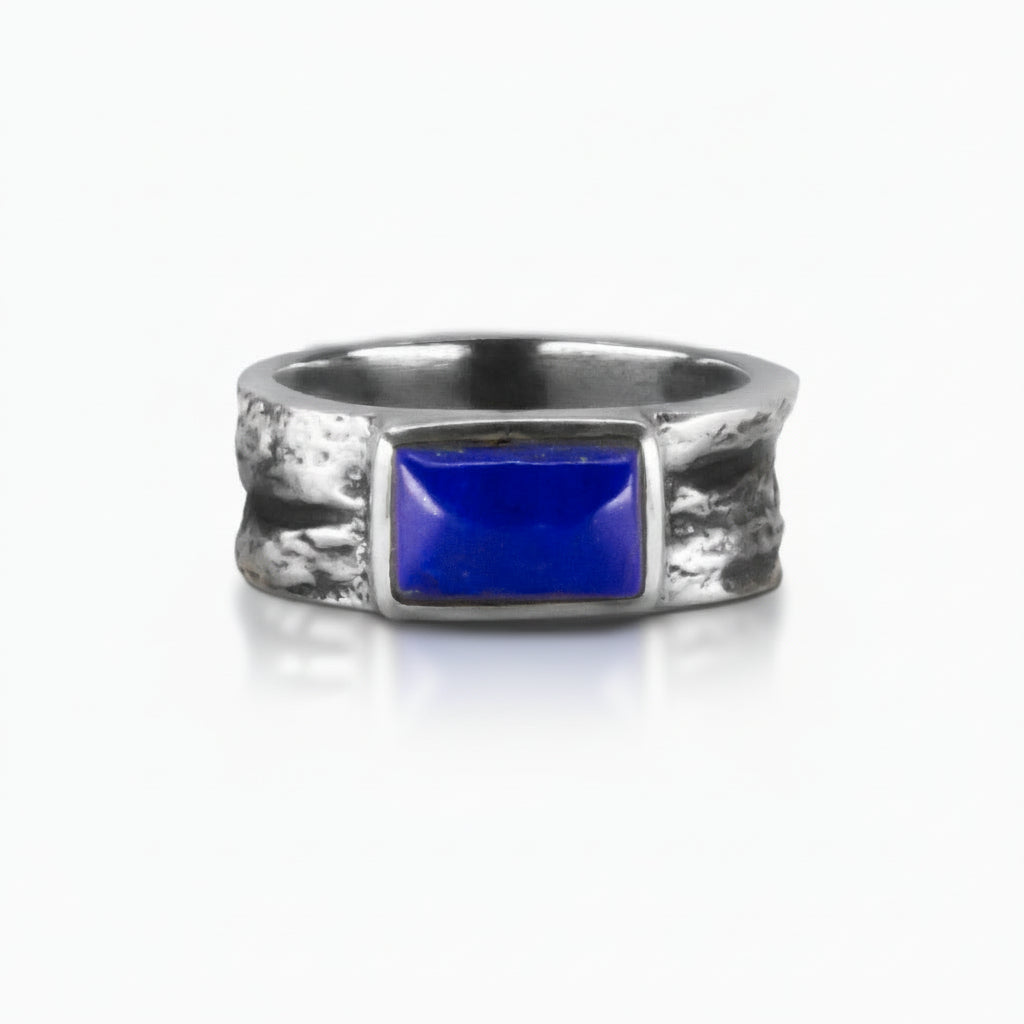 Rectangular Lapis Lazuli cabochon ring in textured sterling silver band, deep royal blue gemstone. | MADE IN EARTH